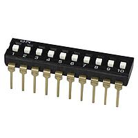 Same Sky (formerly CUI Devices) DS04-254-1L-10BK ສະຫນັບ DIP Switch, SPST, 2.54 pitch, ປຸ່ມກະຕຸ້ນສູງ, ເຂັ້ມຍາວ, 10 ຕຳແໜ່ງ, ສີດໍາ