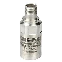 Amphenol Wilcoxon PC420VR-50-DV Vibration Sensors Top exit, 85 C, 4-20 mA ( 5% @ full scale) proportional to Velocity, RMS, 5.0 ips (127 mm/sec), Dynamic Velocity 100 mV/ips, (3.94 mV/mm/sec), 1/4-28 mounting hole (stud included), 3 pin MIL-C-5015 connector.