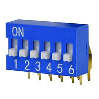 Same Sky (formerly CUI Devices) DS03-254-06BE ສະຫນັບ DIP Switch, SPST, 2.54 pitch, ປຸ່ມກະຕຸ້ນສູງ, ມຸມຂວາ, 6 ຕຳແໜ່ງ, ສີຟ້າ