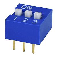 Same Sky (formerly CUI Devices) DS01-254-S-03BE ສະຫນັບ DIP Switch, SPST, 2.54 pitch, ປຸກສະຕະ, ພື້ນລົງແບບແກ້ວ, ຂາສັ້ນ, 3 ຕຳແໜ່ງ, ສີຟ້າ