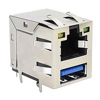 Jack Modular RJ45 qua USB 3.0 Loại A thụ động Tab Lên Đèn LED Vàng/Xanh lá 8 Chân tiếp xúc 8 Vị trí Có chắn EMI Stewart Connector SS-90000-008