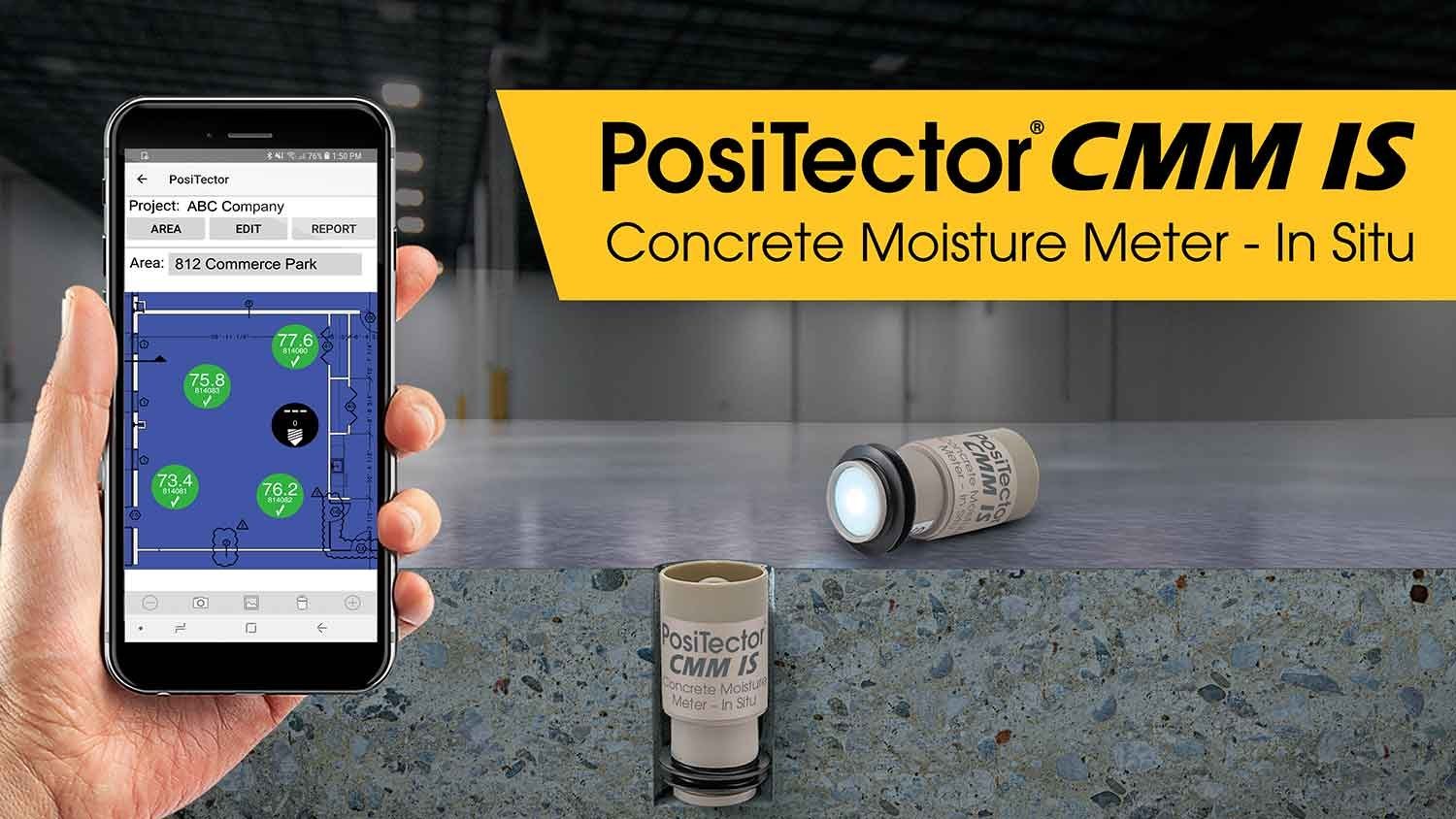 PosiTector CMM IS performing in-situ concrete relative humidity measurement with a smartphone