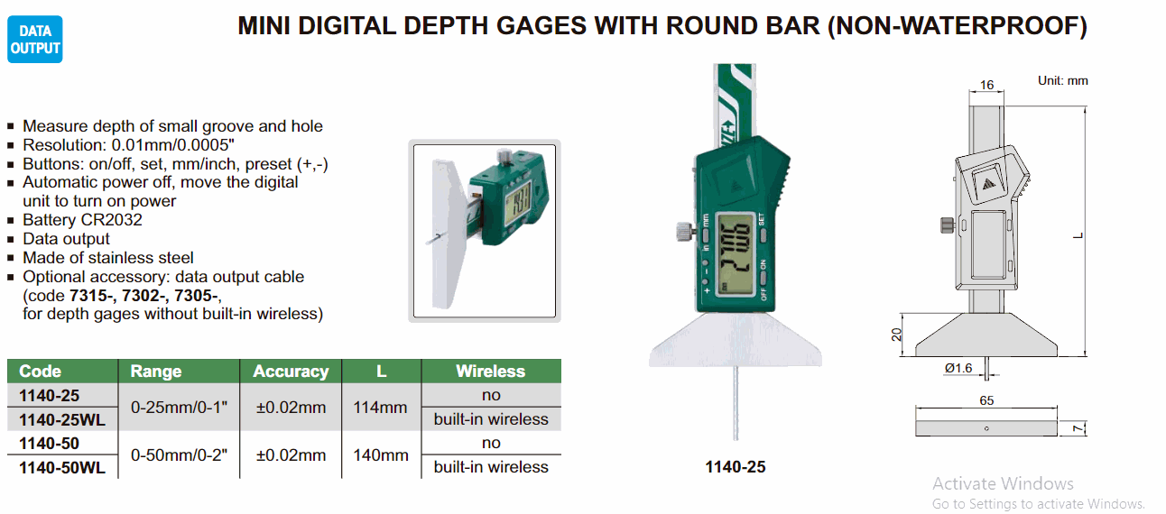 INSIZE 1140-25WL Mini Digital Depth Gage With Round Bar (0~25mm; Round bar) 