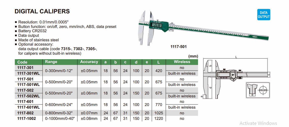 Calibre digital longitud de la mandíbula 100 mm INSIZE 1117-501 0-500 mm
